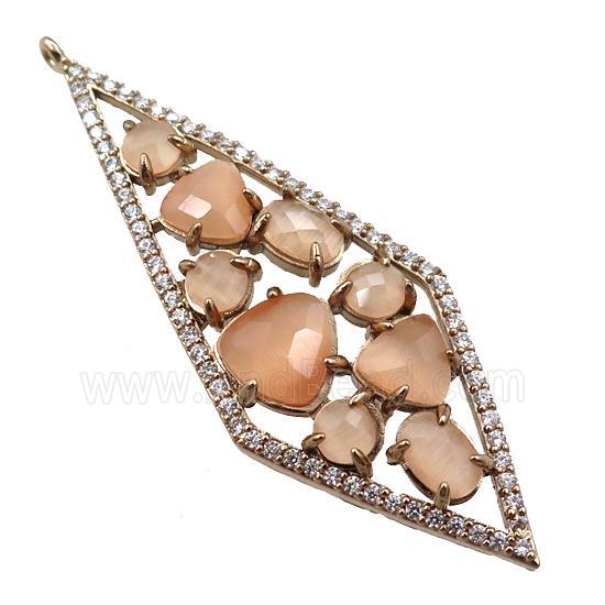 copper polygon pendant paved zircon with peach crystal glass, hollow, gold plated