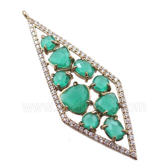 copper polygon pendant paved zircon with green crystal glass, hollow, gold plated