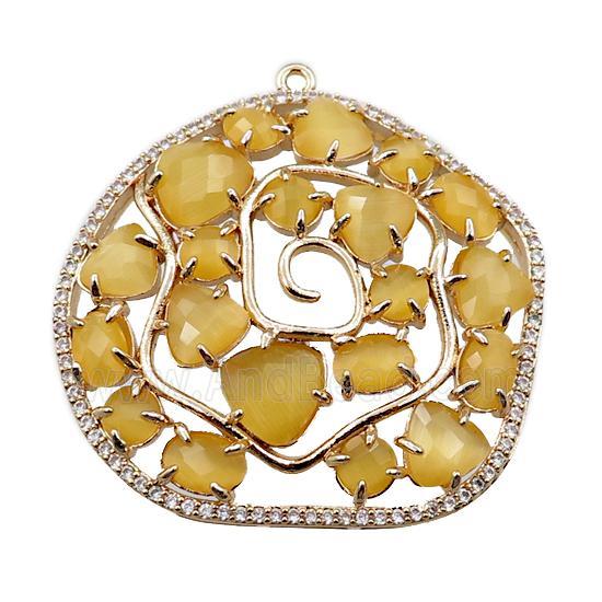 copper flower pendant paved zircon with yellow crystal glass, hollow, gold plated