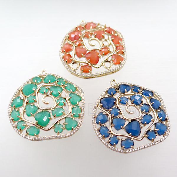 copper flower pendant paved zircon with crystal glass, hollow, mixed, gold plated