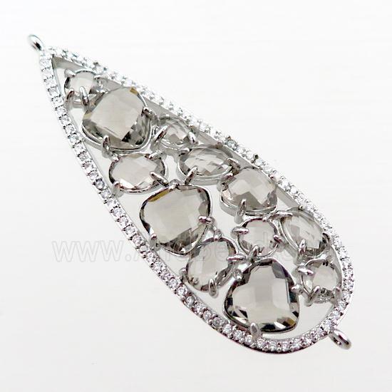 copper teardrop connector paved zircon with smoky crystal glass, hollow, platinum plated