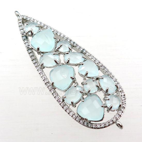 copper teardrop connector paved zircon with green crystal glass, hollow, platinum plated