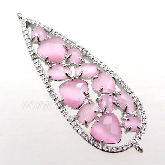 copper teardrop connector paved zircon with pink crystal glass, hollow, platinum plated