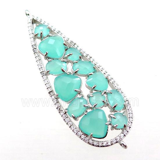 copper teardrop connector paved zircon with green crystal glass, hollow, platinum plated