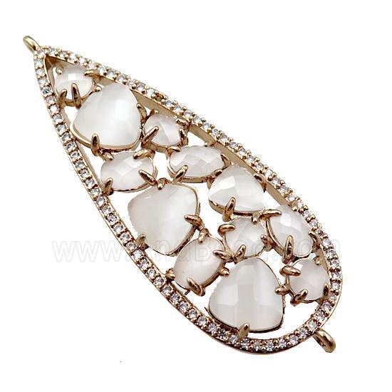 copper teardrop connector paved zircon with white crystal glass, hollow, gold plated