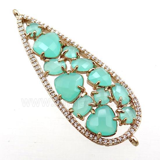 copper teardrop connector paved zircon with green crystal glass, hollow, gold plated