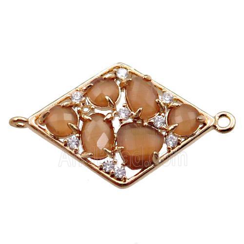 copper polygon connector paved zircon with brown crystal glass, hollow, gold plated