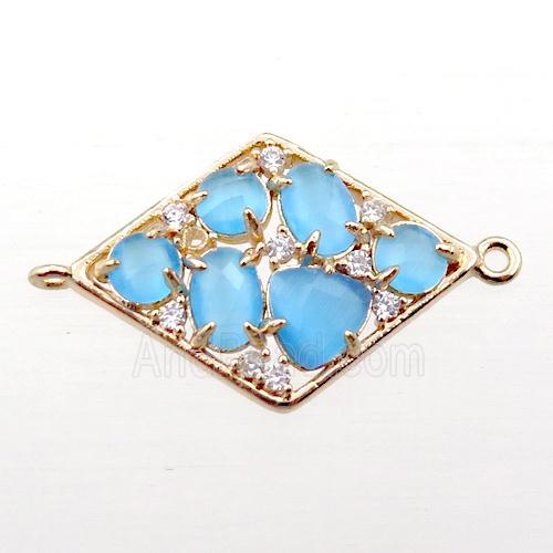 copper polygon connector paved zircon with blue crystal glass, hollow, gold plated