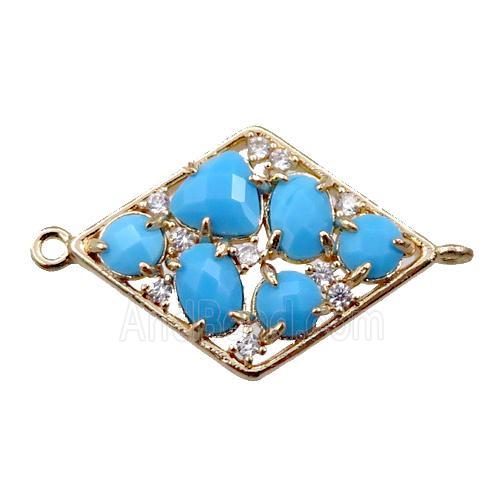 copper polygon connector paved zircon with blue crystal glass, hollow, gold plated