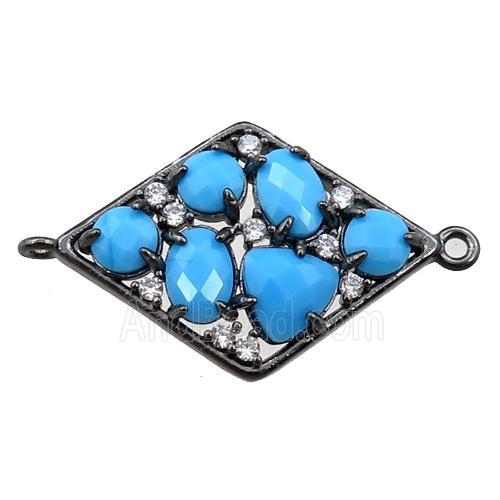copper polygon connector paved zircon with blue crystal glass, hollow, black plated