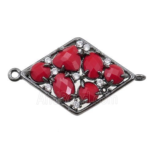 copper polygon connector paved zircon with red crystal glass, hollow, black plated