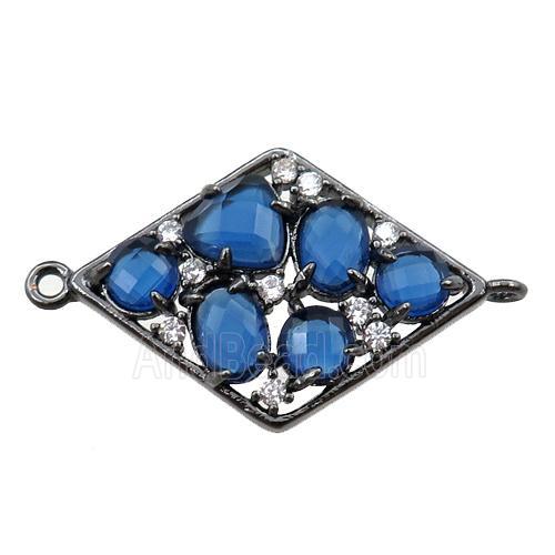 copper polygon connector paved zircon with blue crystal glass, hollow, black plated