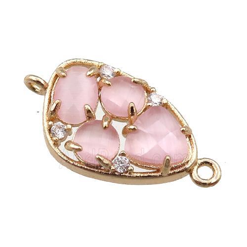 copper teardrop connector paved zircon with pink crystal glass, hollow, gold plated