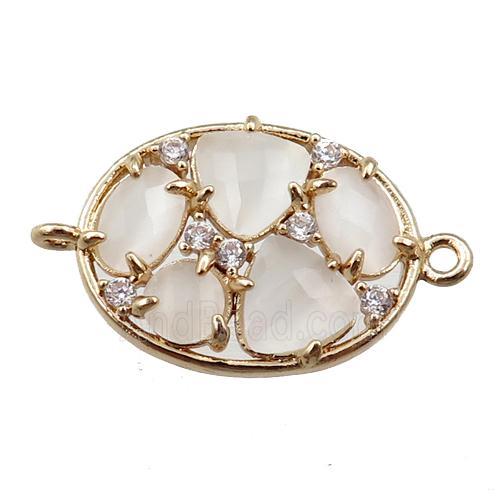 copper oval connector paved zircon with white crystal glass, hollow, gold plated