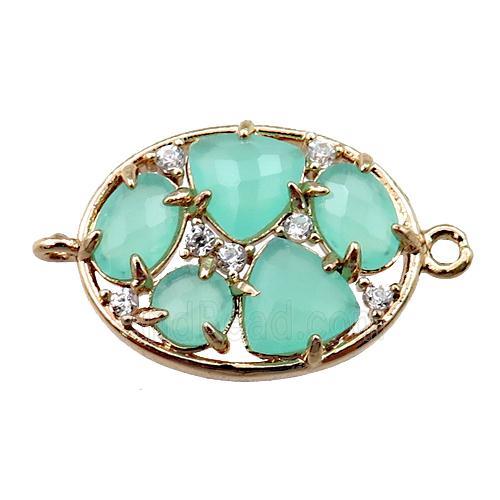 copper oval connector paved zircon with green crystal glass, hollow, gold plated