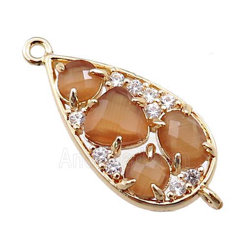 copper teardrop connector paved zircon with peach crystal glass, hollow, gold plated