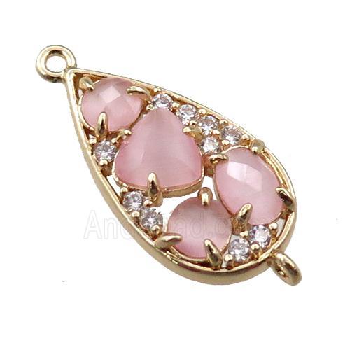 copper teardrop connector paved zircon with pink crystal glass, hollow, gold plated