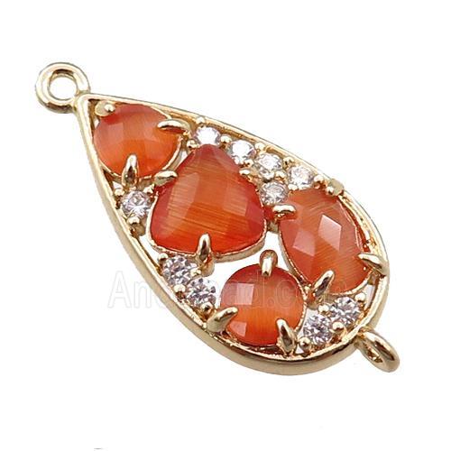 copper teardrop connector paved zircon with orange crystal glass, hollow, gold plated