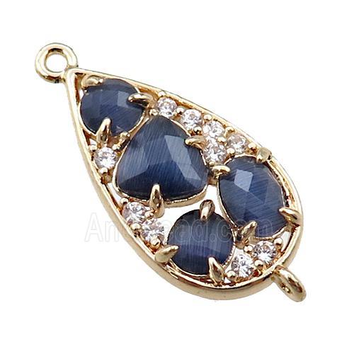 copper teardrop connector paved zircon with inkblue crystal glass, hollow, gold plated