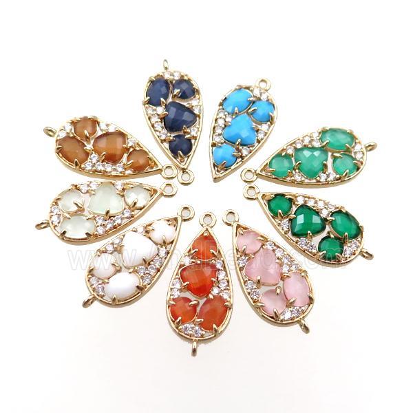 copper teardrop connector paved zircon with crystal glass, mixed, hollow, gold plated