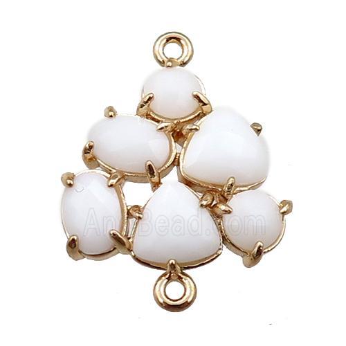 copper triangle connector with white crystal glass, hollow, gold plated