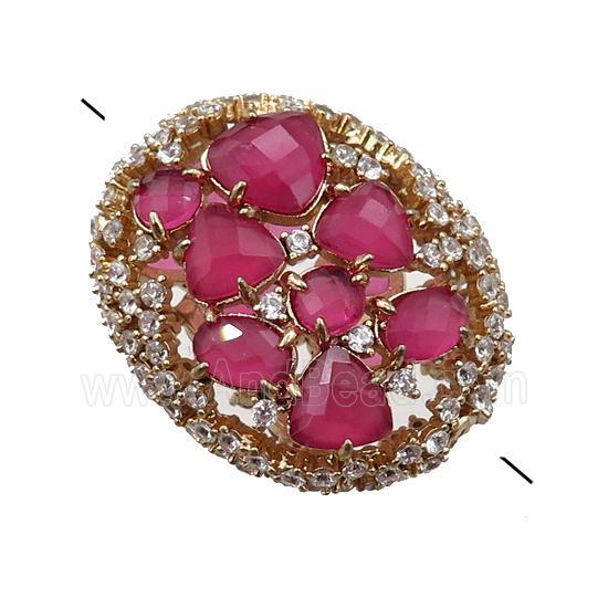 copper oval beads paved zircon with pink crystal glass, hollow, gold plated