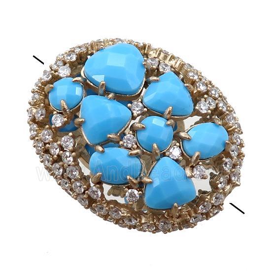 copper oval beads paved zircon with blue crystal glass, hollow, gold plated