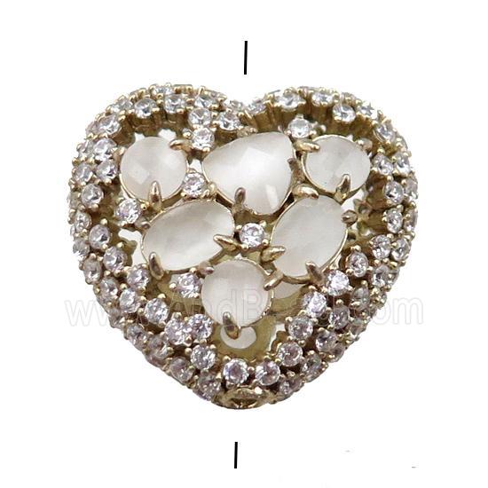 copper heart beads paved zircon with white crystal glass, hollow, gold plated