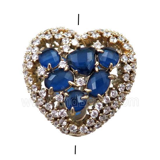 copper heart beads paved zircon with blue crystal glass, hollow, gold plated