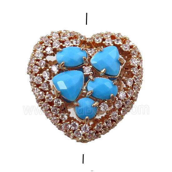 copper heart beads paved zircon with blue crystal glass, hollow, gold plated