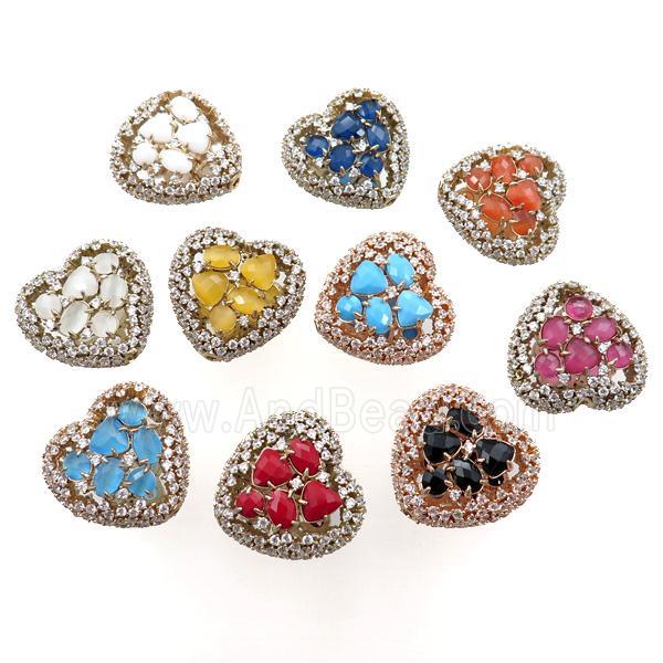 copper heart beads paved zircon with crystal glass, hollow, mixed, gold plated