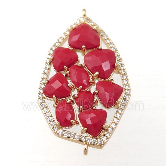 copper polygon connector paved zircon with red crystal glass, hollow, gold plated