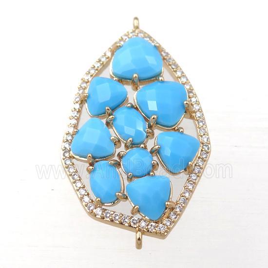copper polygon connector paved zircon with blue crystal glass, hollow, gold plated