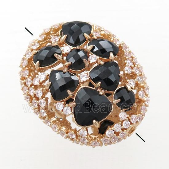 copper oval beads paved zircon with black crystal glass, hollow, gold plated