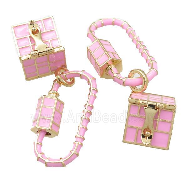 copper carabiner pendant with wish box, pink enameled, gold plated