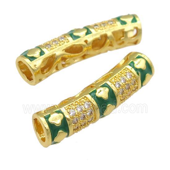 copper tube beads paved zircon with green enaeml, gold plated