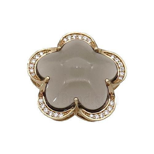 copper Flower pendant paved gray Cat Eye Crystal, gold plated
