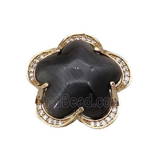 copper Flower pendant darkgray white Cat Eye Crystal, gold plated