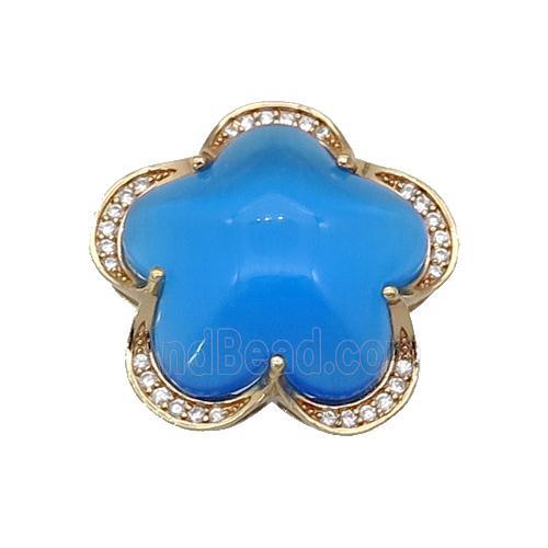 copper Flower pendant paved blue Cat Eye Crystal, gold plated