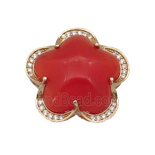 copper Flower pendant paved red Cat Eye Crystal, gold plated