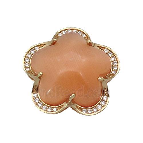 copper Flower pendant paved peach Cat Eye Crystal, gold plated