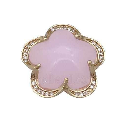 copper Flower pendant paved pink Cat Eye Crystal, gold plated