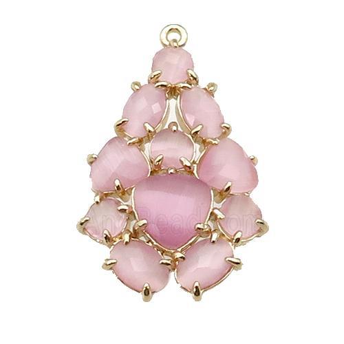 copper Tree pendant pave pink Cat Eye Crystal, gold plated