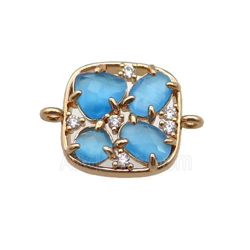 copper square connector pave blue Cat Eye Crystal, gold plated