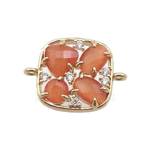 copper square connector pave peach Cat Eye Crystal, gold plated