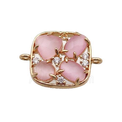 copper square connector pave pink Cat Eye Crystal, gold plated