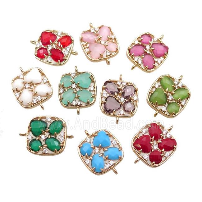copper square connector pave Cat Eye Crystal, gold plated, mixed