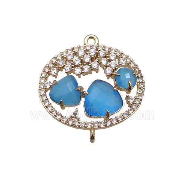 copper circle connector pave blue Cat Eye Crystal, gold plated