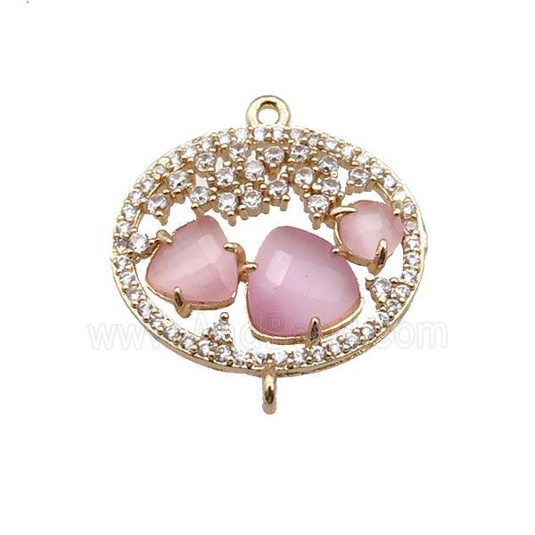 copper circle connector pave pink Cat Eye Crystal, gold plated