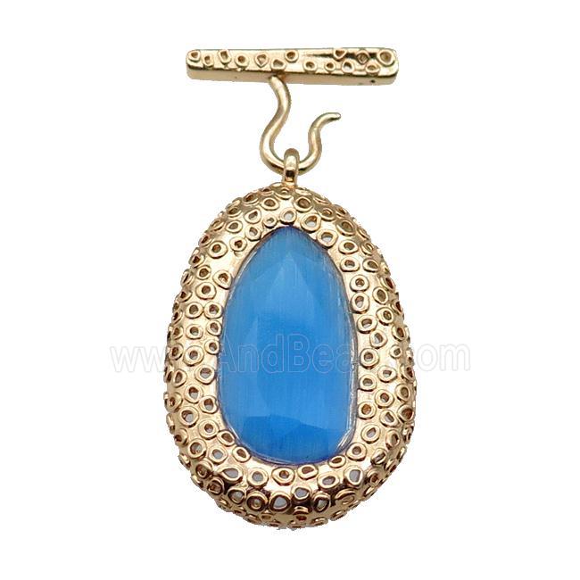 copper oval pendant pave blue Cat Eye Crystal, gold plated